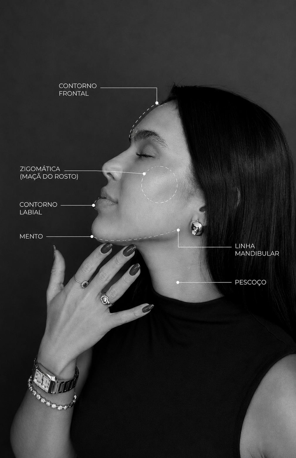 Planejamento facial com análise de contorno, maçã do rosto, lábios, mento, mandíbula e pescoço